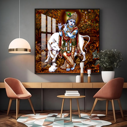 Beautiful Lord Krishna With Cow Premium Acrylic Square Wall Art