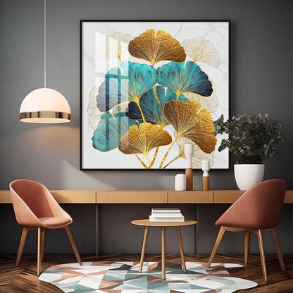 Golden Blue Ginkgo Leaf Premium Acrylic Square Wall Art