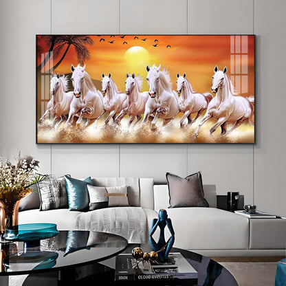 7 White Running Horses in The Sea With Sunrise Premium Acrylic Horizontal Wall Art