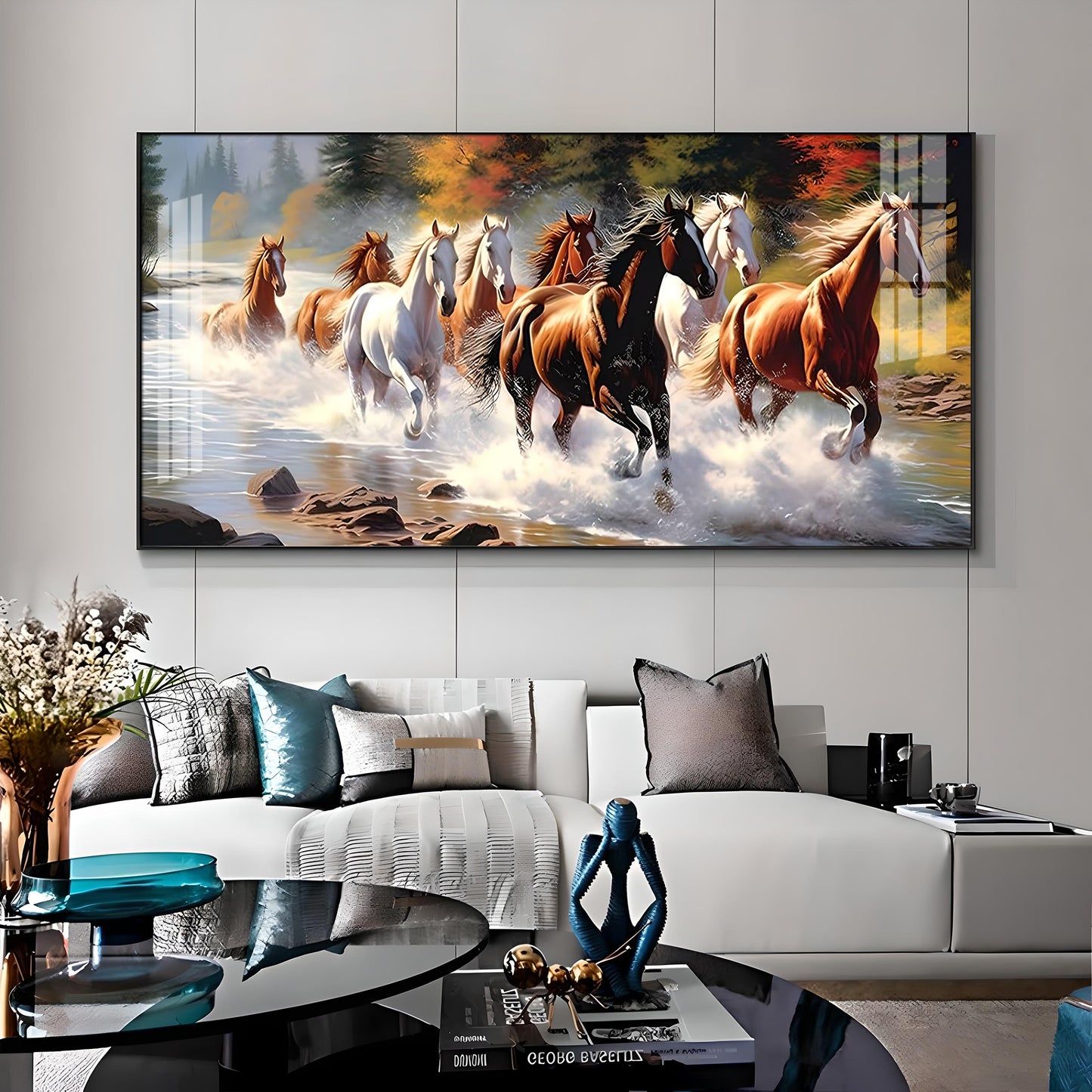 Running Horses in River Premium Acrylic Horizontal Wall Art