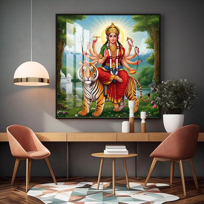 Hindu Goddess With Tiger Premium Acrylic Square Wall Art