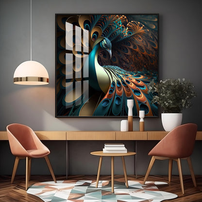 Peacock Is Shown With Large Feather Premium Acrylic Square Wall Art