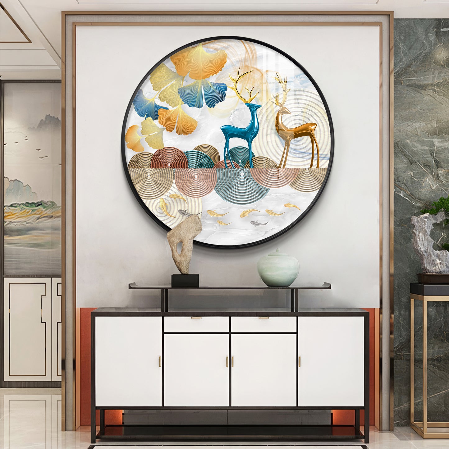 Deer Among Blossoms Premium Acrylic Round Wall Art