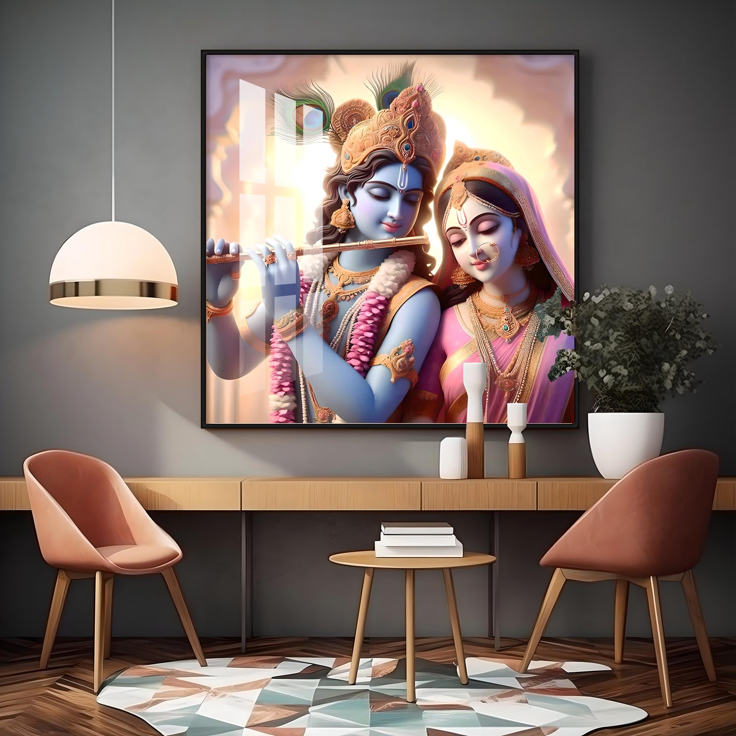 Krishna Playing Flute For Radha Premium Acrylic Square Wall Art