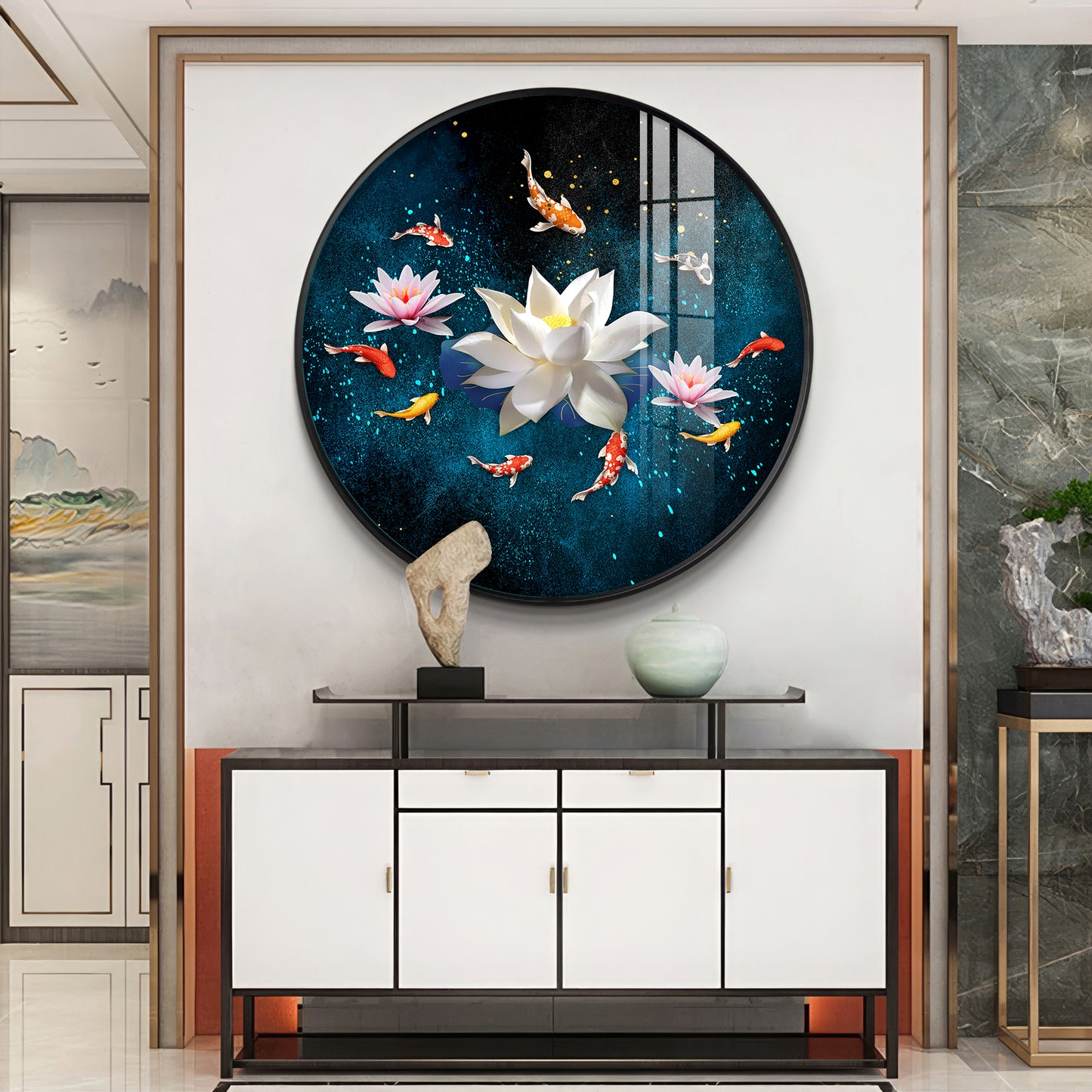 Lotus and Fish Premium Acrylic Round Wall Art