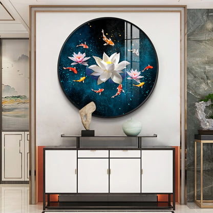 Lotus and Fish Premium Acrylic Round Wall Art