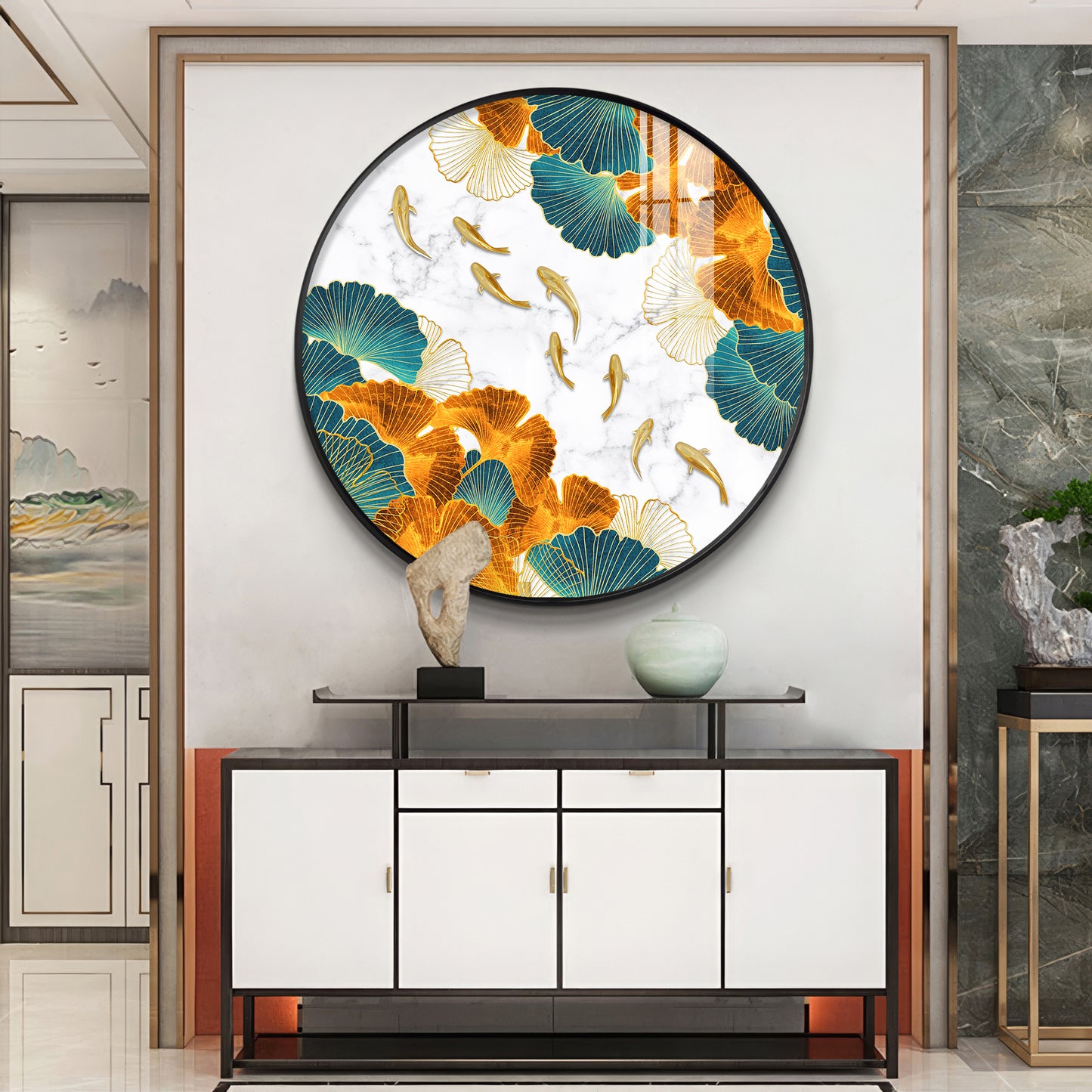 Golden Leaf Premium Acrylic Round Wall Art
