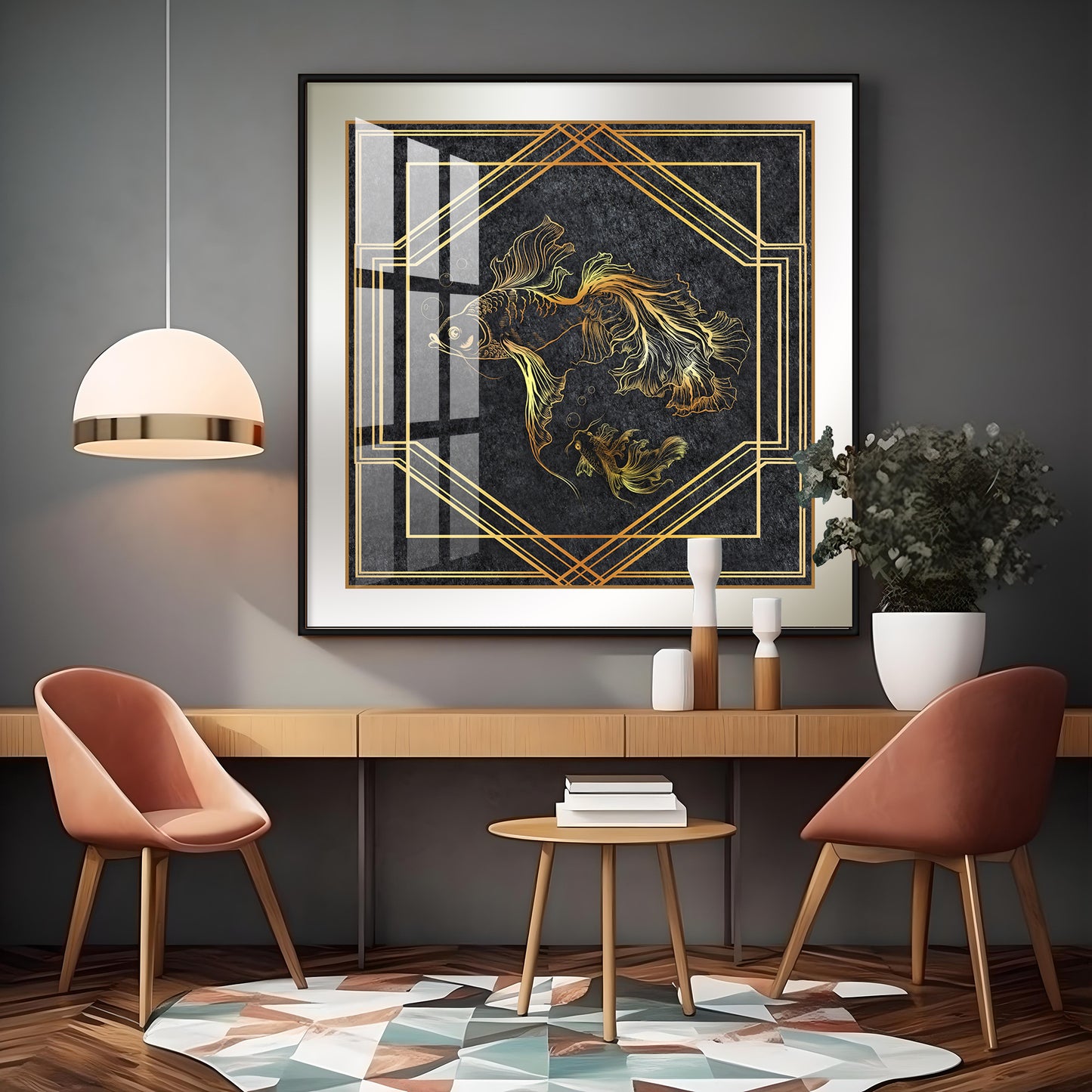 Modern Fashionable Gold Foil Goldfish Premium Acrylic Square Wall Art