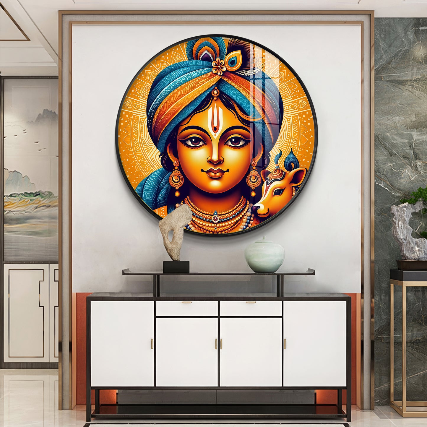 Lord Krishna Abstract Premium Acrylic Round Wall Art