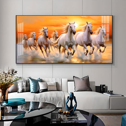 Seven White Running Horses With Sunrise Premium Acrylic Horizontal Wall Art