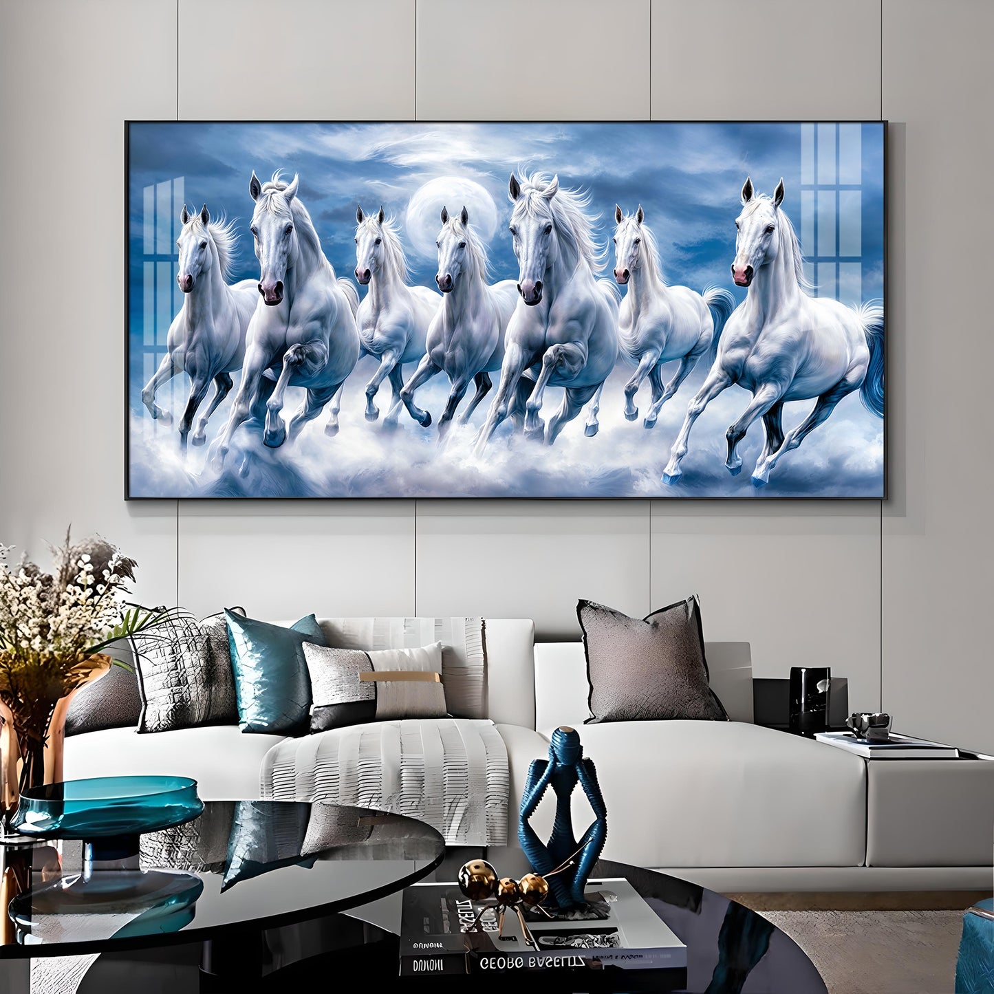 7 White Running Horses With Sunrise Premium Acrylic Horizontal Wall Art