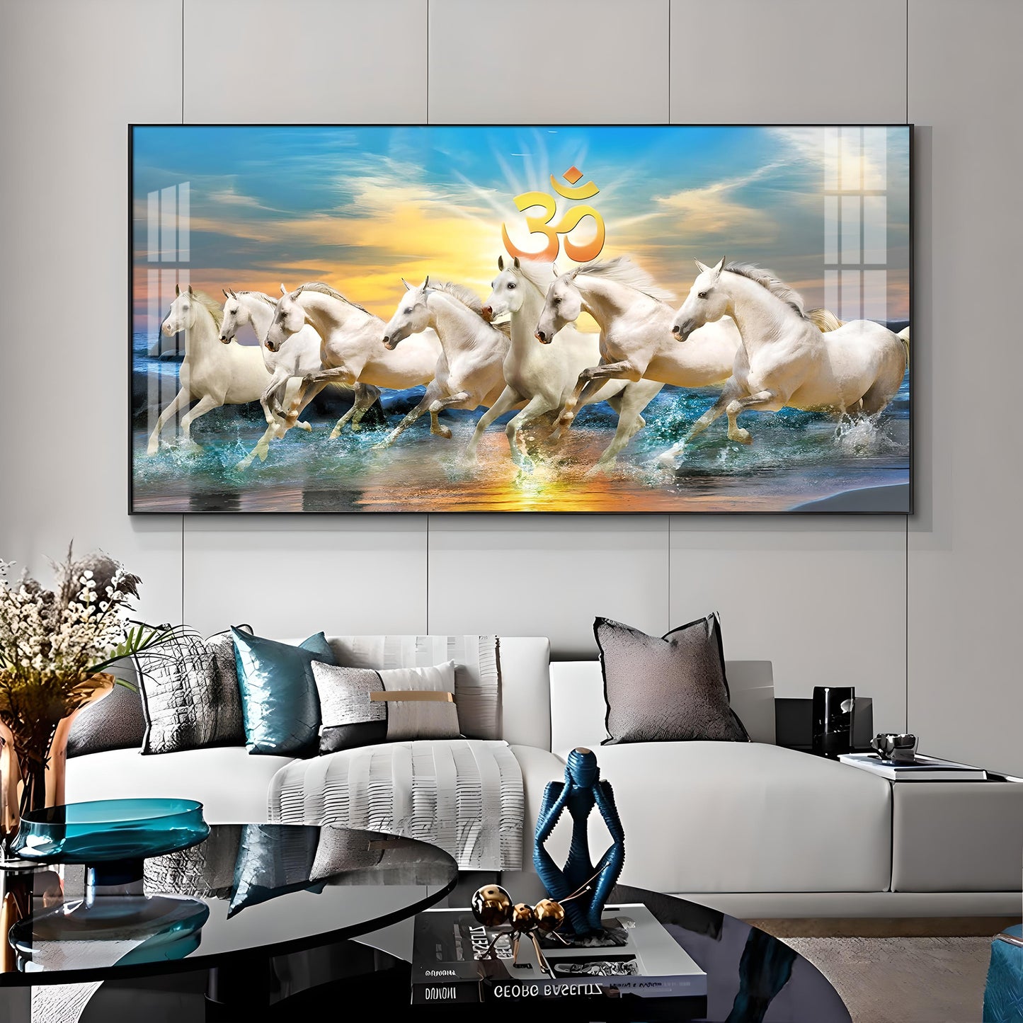 White Running Horses in Sea with Om Premium Acrylic Horizontal Wall Art