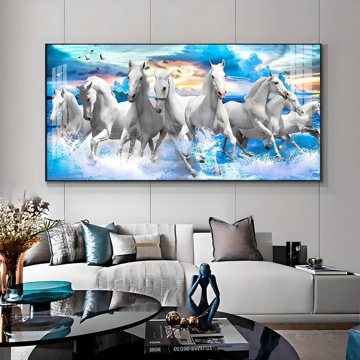 Vastu Running Horses With Sunrise Premium Acrylic Horizontal Wall Art