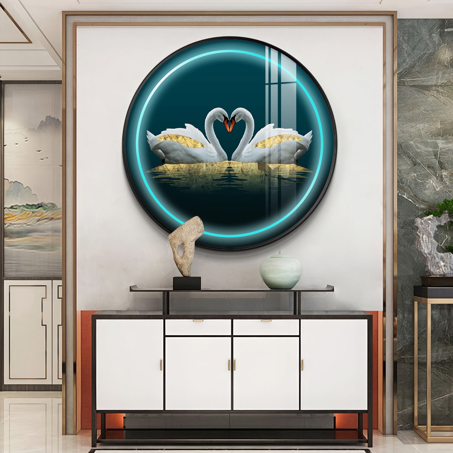 Swan Symphony Premium Acrylic Round Wall Art