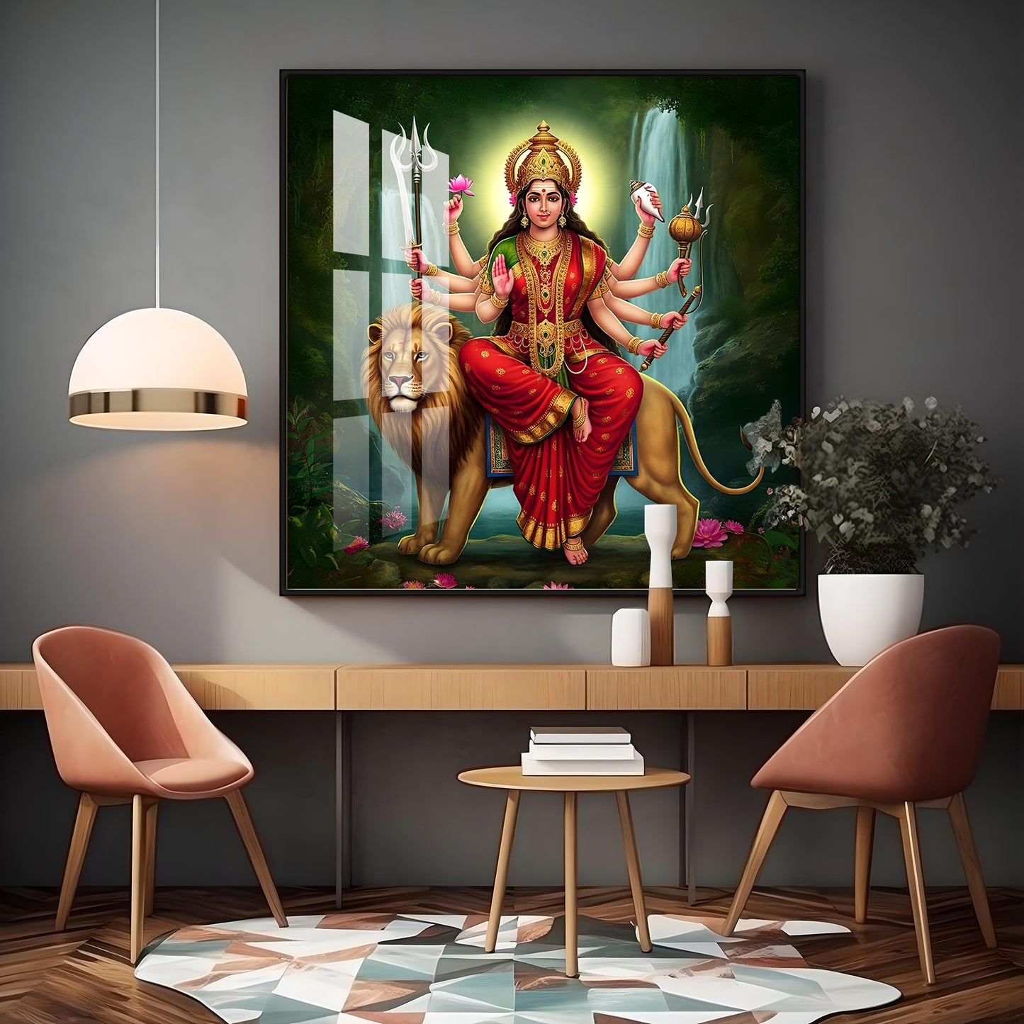 Divine Majesty Of Goddess On Tiger Premium Acrylic Square Wall Art