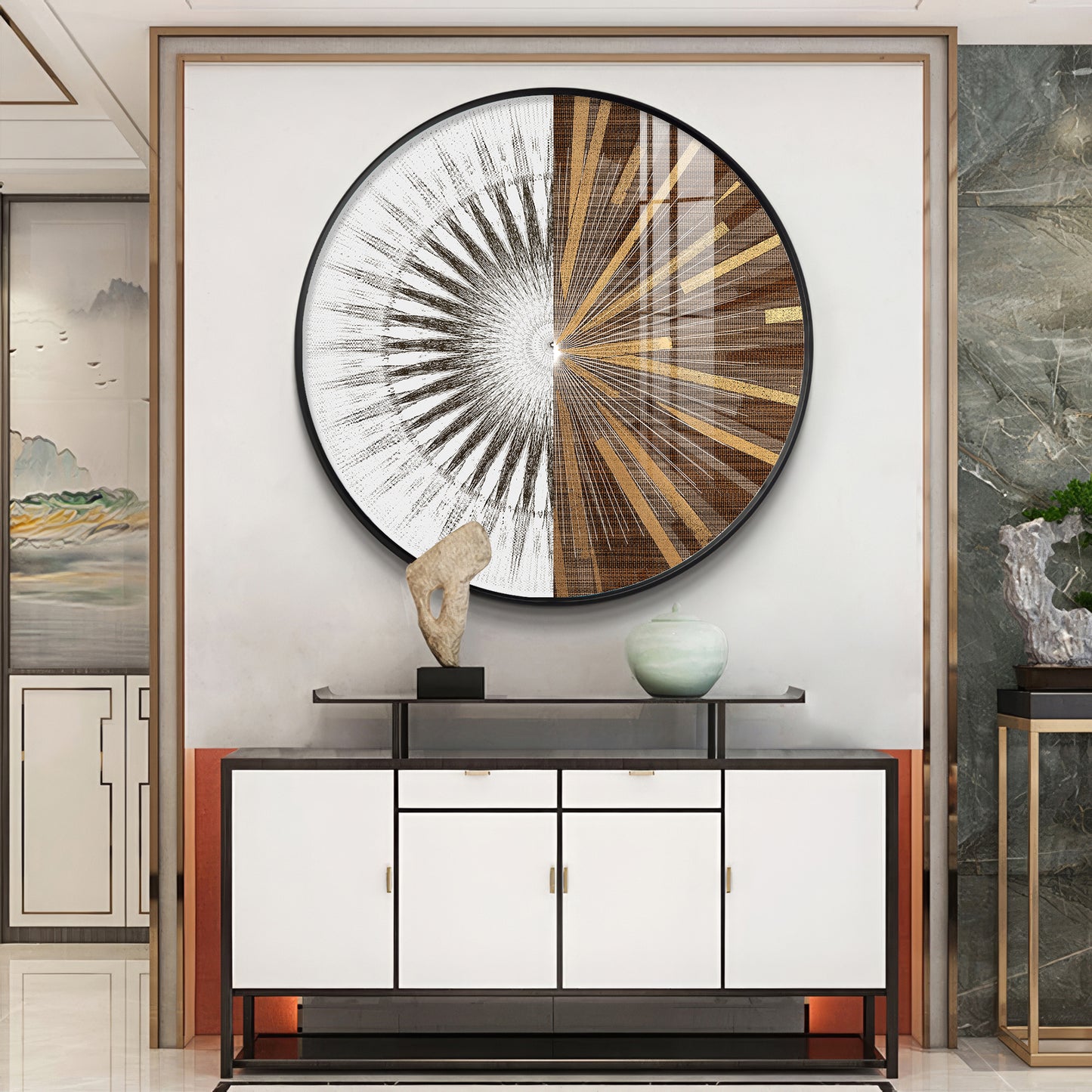 Gold & White Abstract Premium Acrylic Round Wall Art