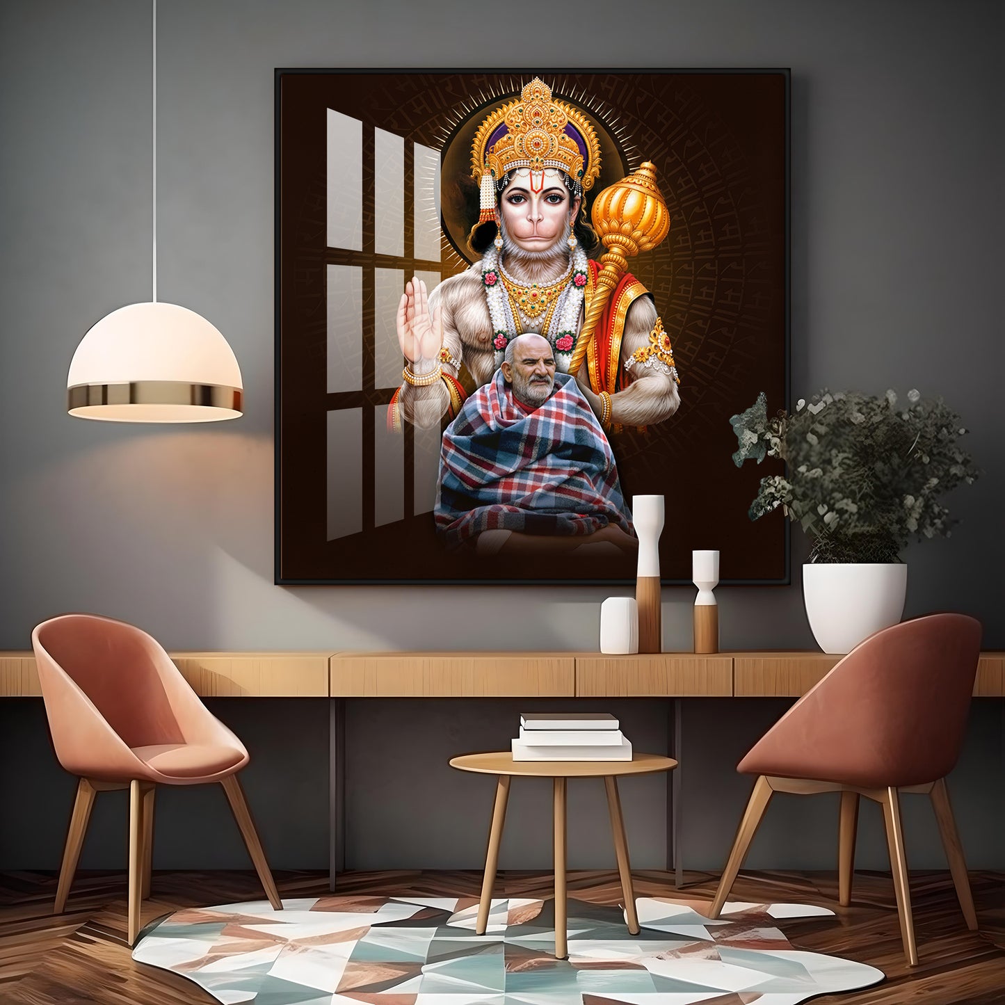 Lord Hanuman Ji and Need Karoli Baba Premium Acrylic Square Wall Art