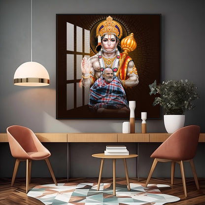 Lord Hanuman Ji and Need Karoli Baba Premium Acrylic Square Wall Art