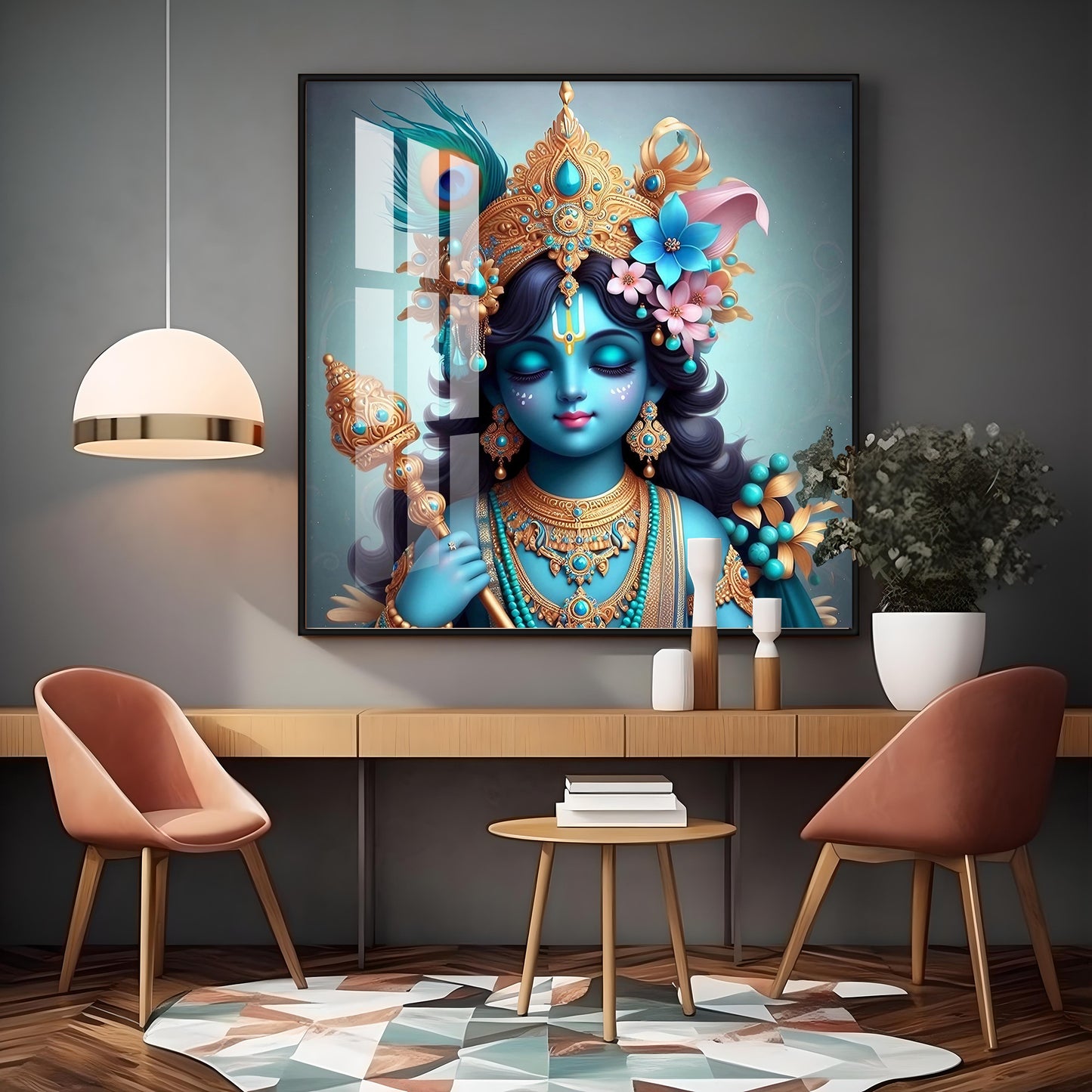 Beautiful Lord Krishna with Flute Premium Acrylic Square Wall Art