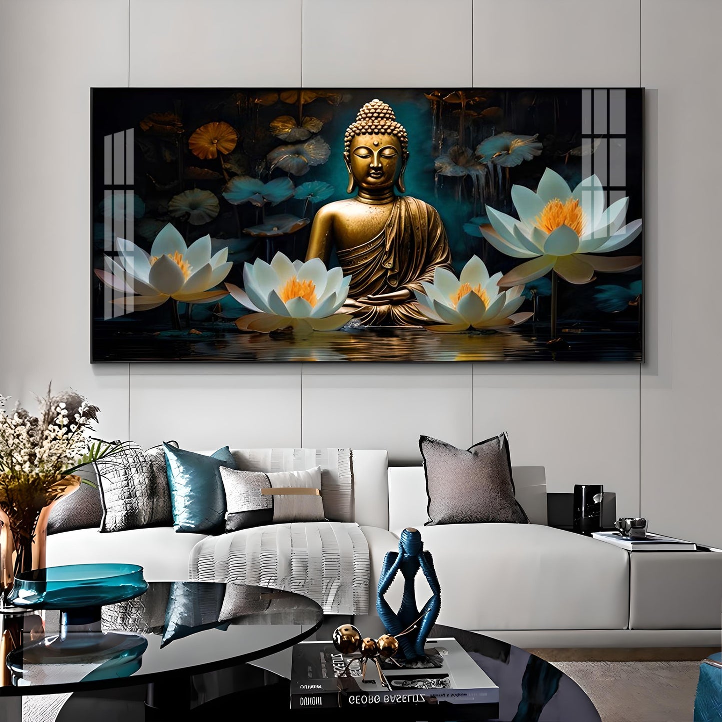 Buddha With White Lotus Premium Acrylic Horizontal Wall Art