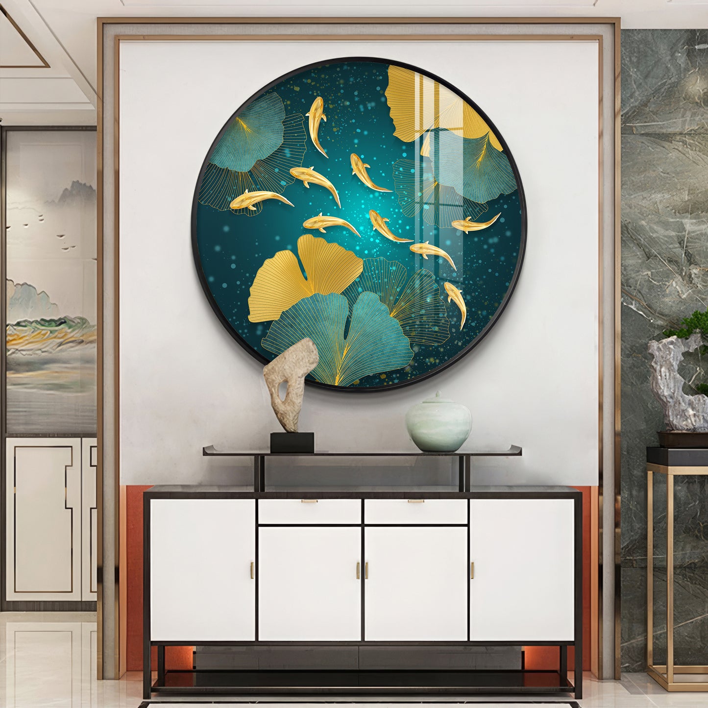 Golden Koi Fish Premium Acrylic Round Wall Art