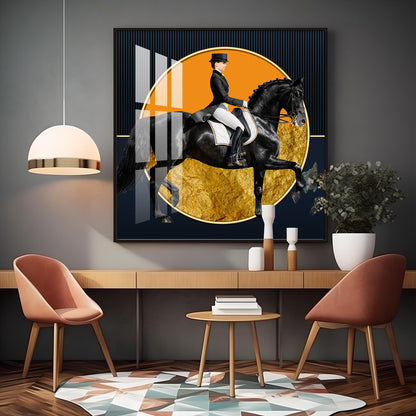 Man Riding on Black Horse Premium Acrylic Square Wall Art