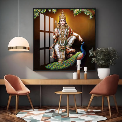 Lord Murugan With Peacock Premium Acrylic Square Wall Art