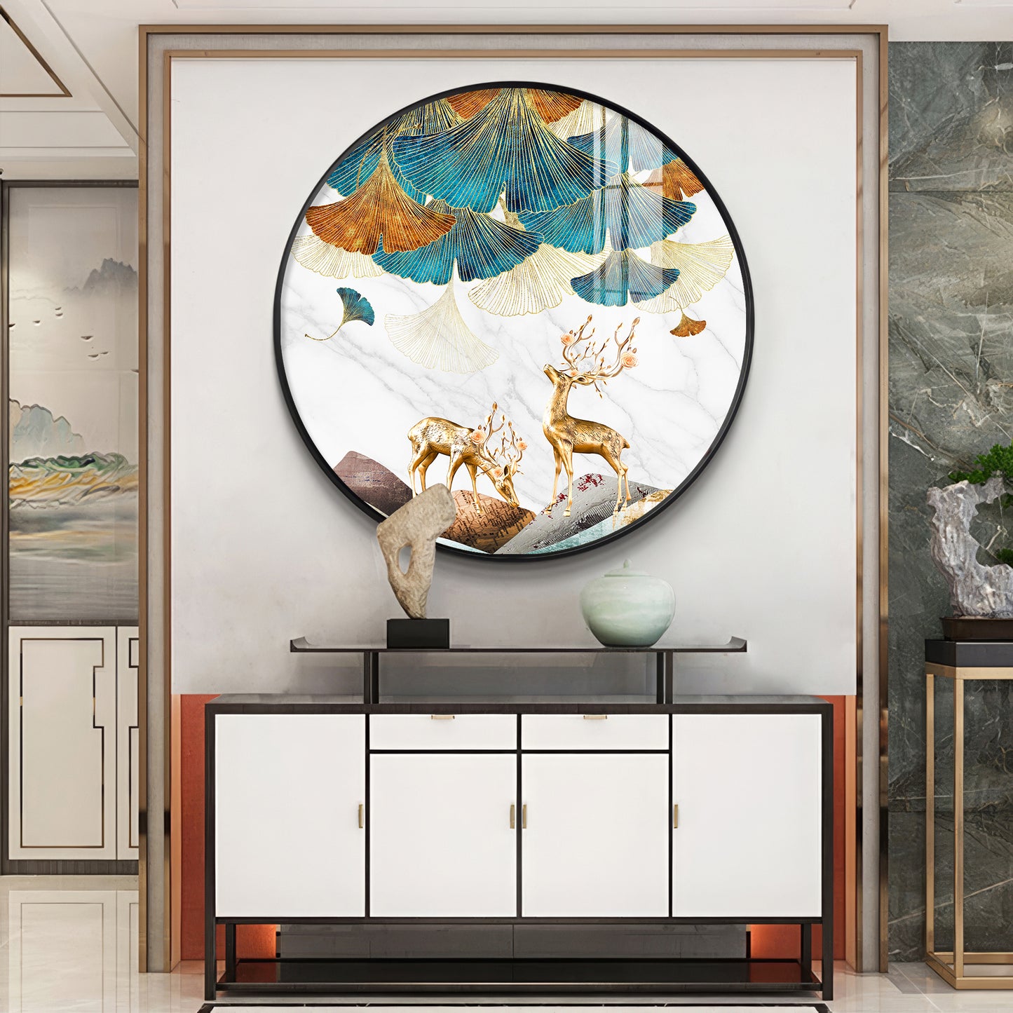 Deer and Leaves Premium Acrylic Round Wall Art