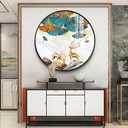 Deer and Leaves Premium Acrylic Round Wall Art