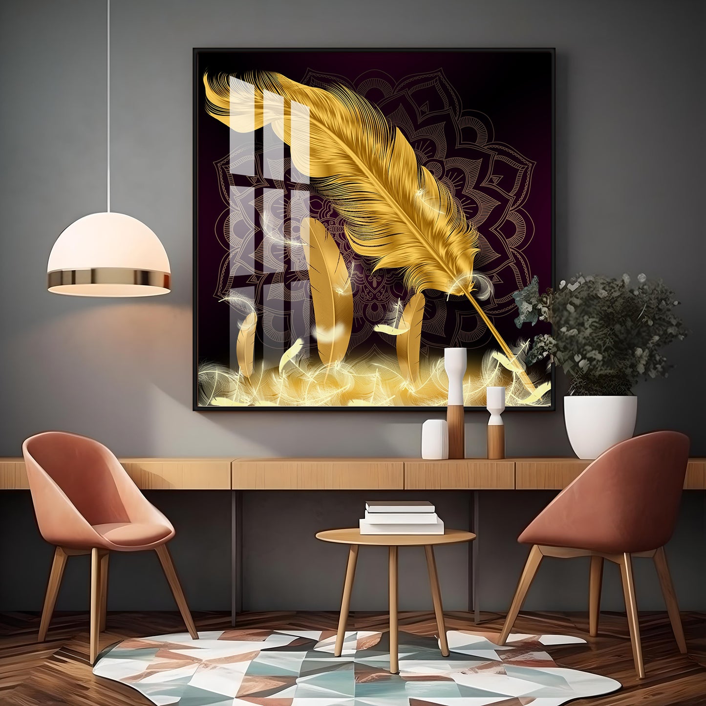 Golden Feather Light Luxury Premium Acrylic Square Wall Art