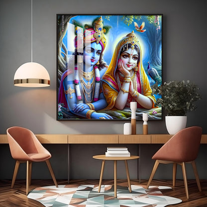 Radha Krishna In Vatika Premium Acrylic Square Wall Art