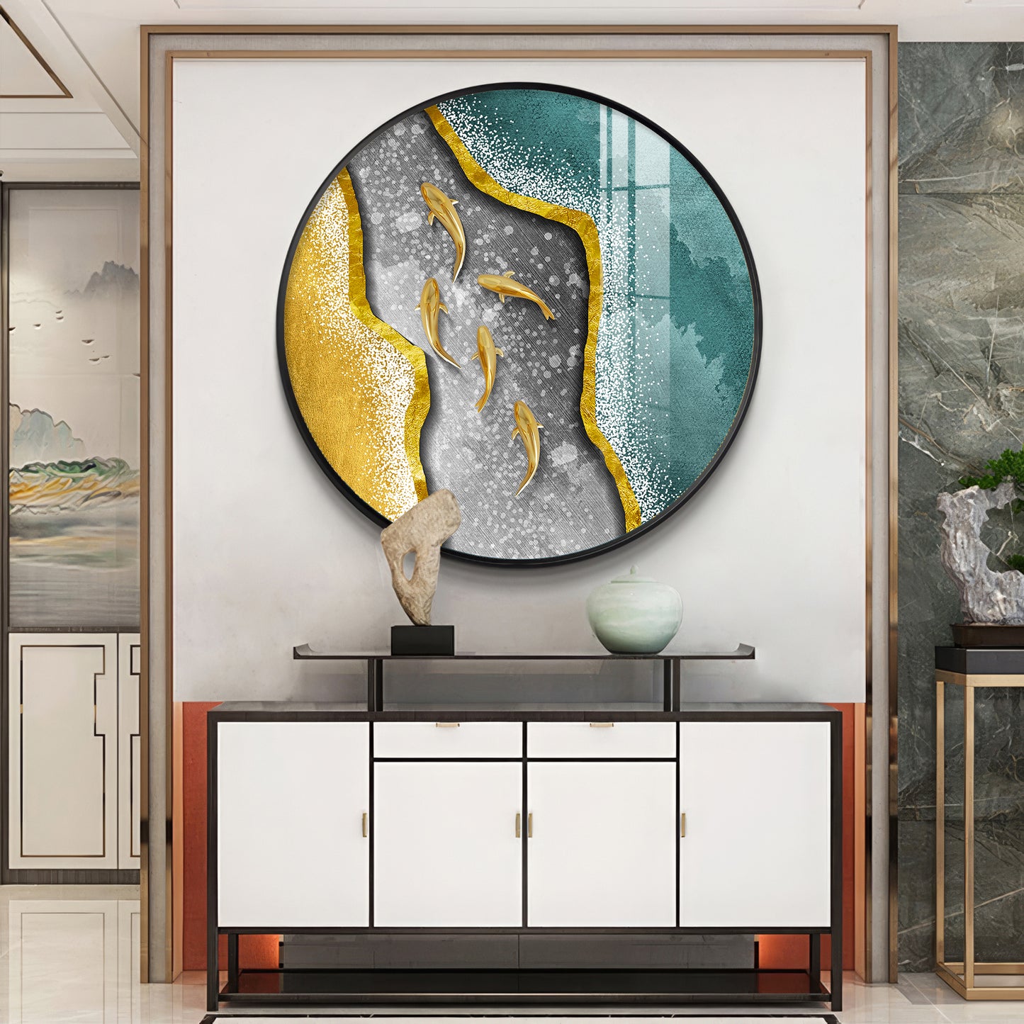 Koi Fish In Waves Premium Acrylic Round Wall Art