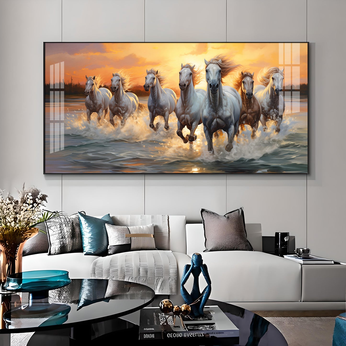 Vastu Seven Running Horses With Sunrise Premium Acrylic Horizontal Wall Art