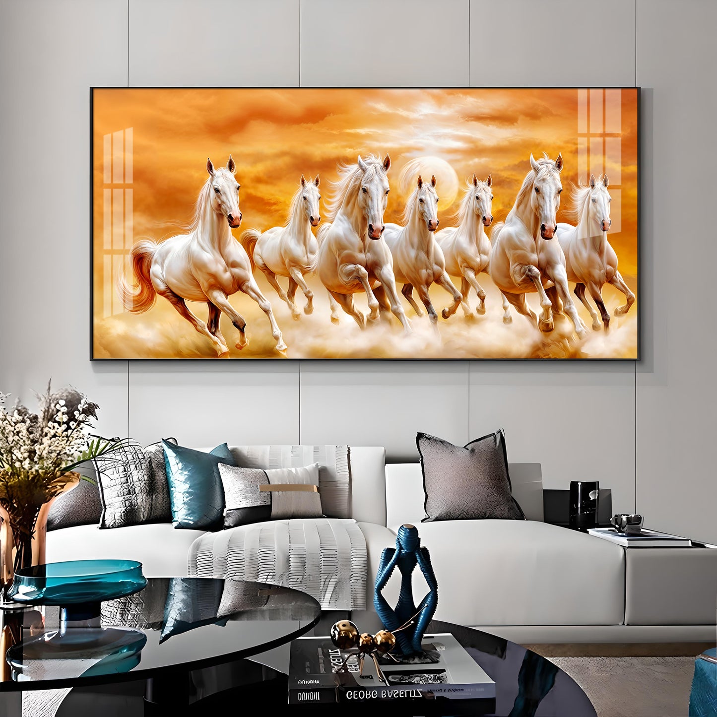 Vastu 7 Running White Horses Premium Acrylic Horizontal Wall Art