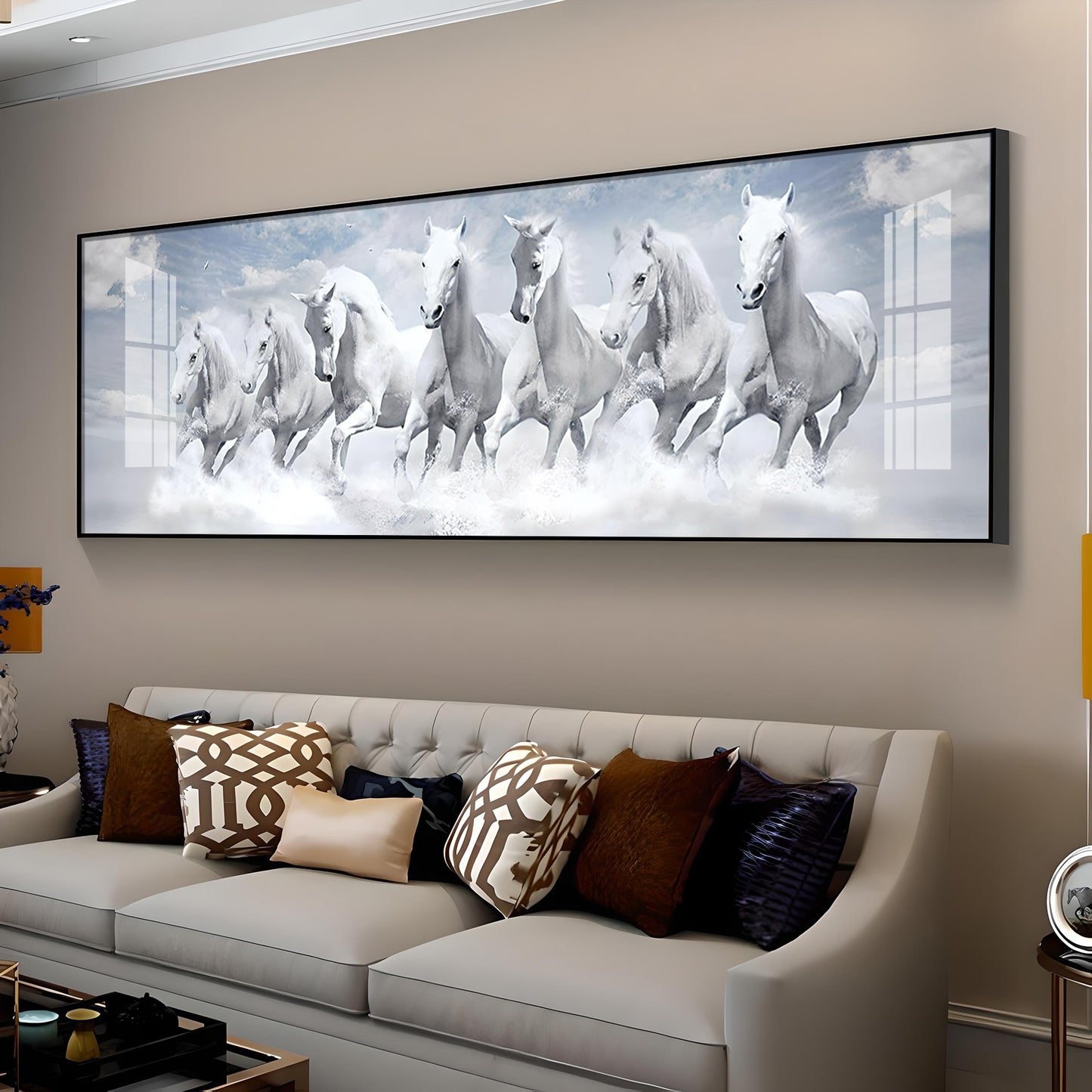 Seven Lucky Running White Horses Premium Acrylic Horizontal Wall Art