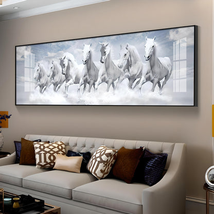 Seven Lucky Running White Horses Premium Acrylic Horizontal Wall Art