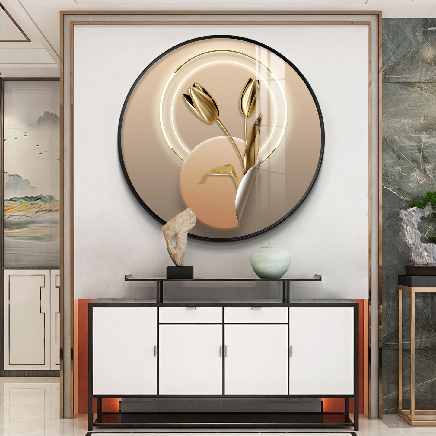 Golden Petal Premium Acrylic Round Wall Art