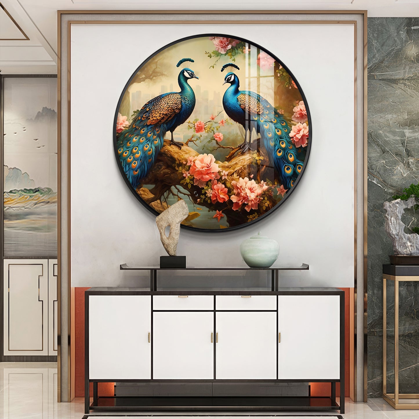 Vibrant Peacock Premium Acrylic Round Wall Art