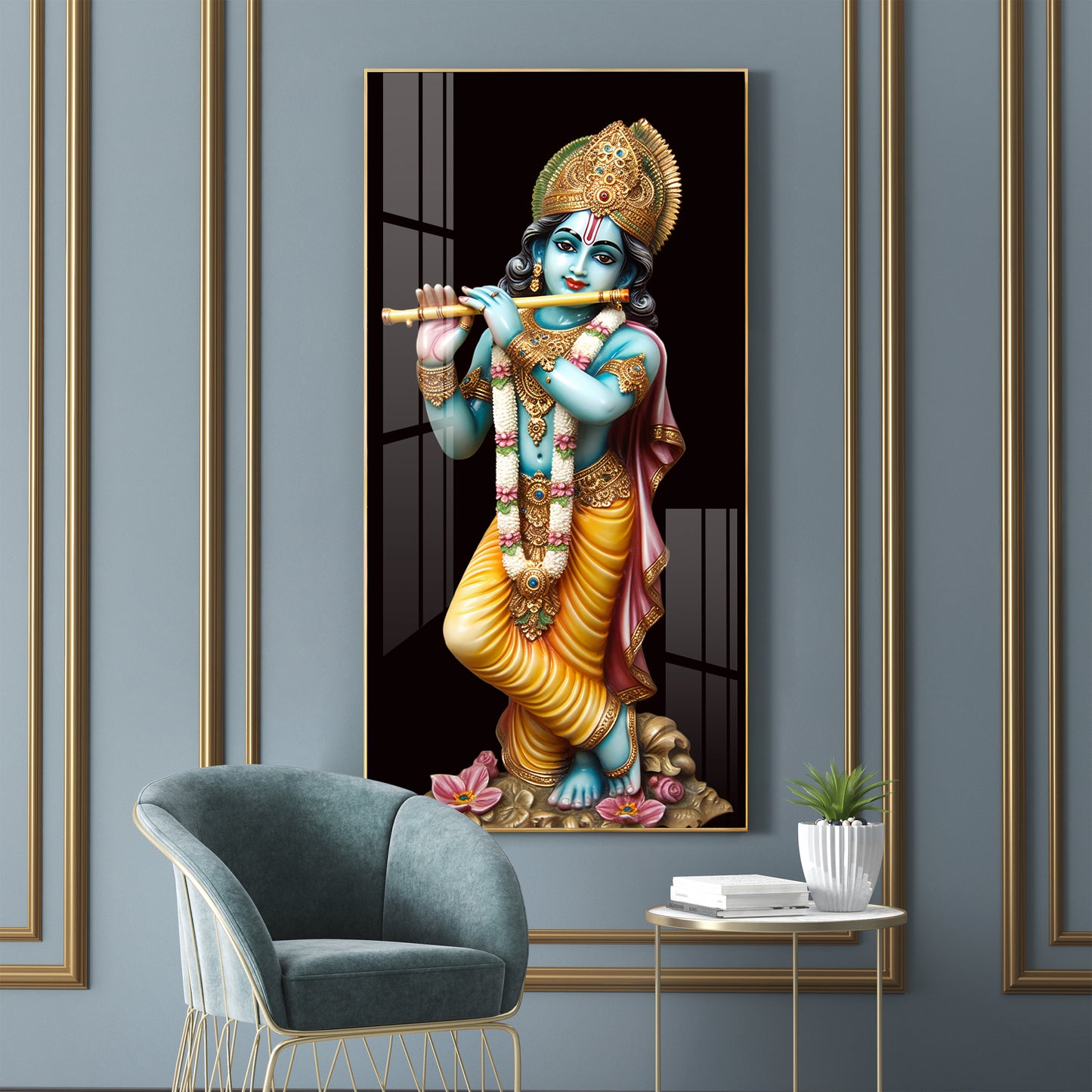 Lord Krishna With Flute Premium Acrylic Vertical Wall Art