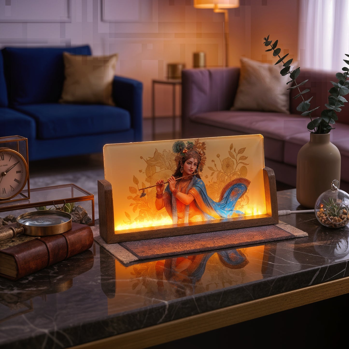 Lord Krishna Acrylic LED Table Lamp - Wooden Stand