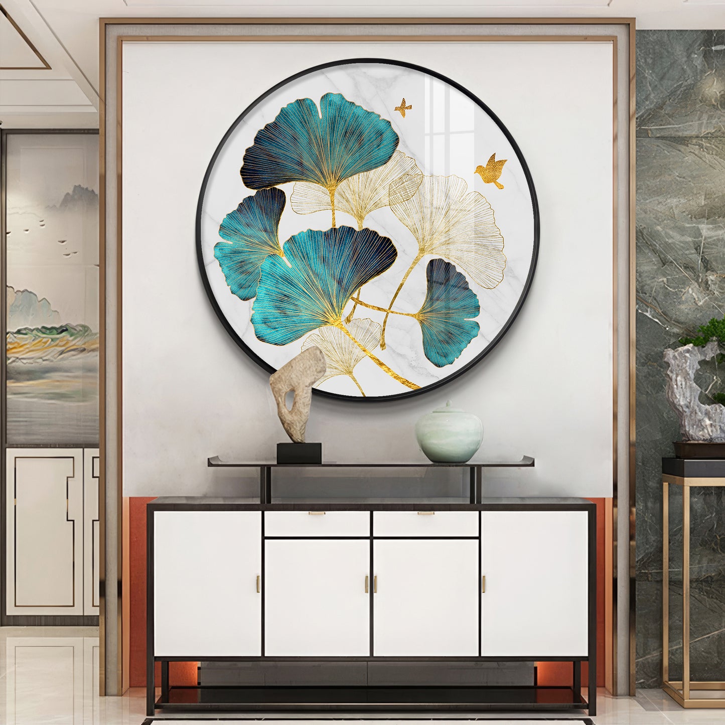 Blue Leaf Premium Acrylic Round Wall Art