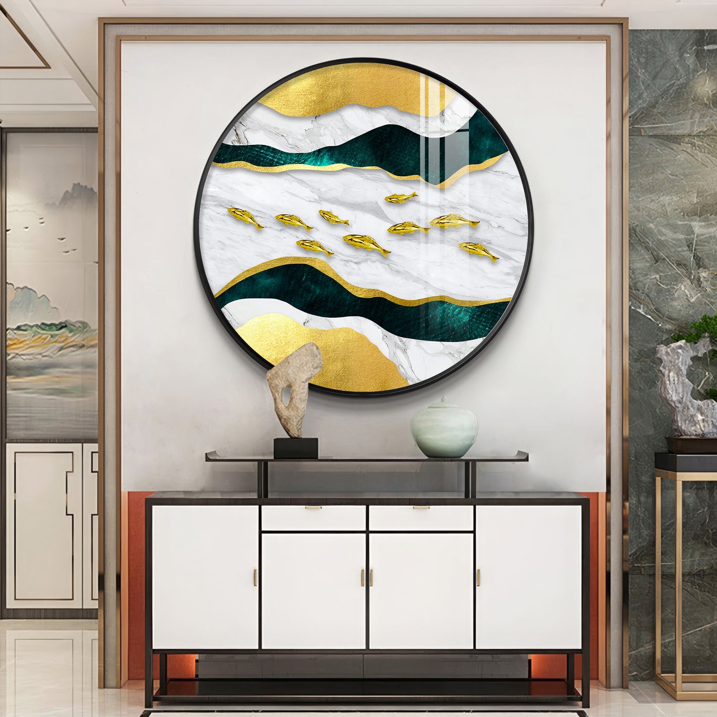 Noir & Gold Fish Premium Acrylic Round Wall Art
