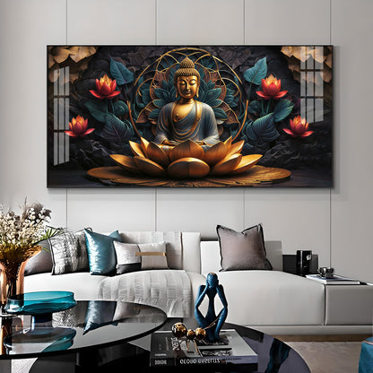 Buddha's Reflection With Sacred Lotus Premium Acrylic Horizontal Wall Art