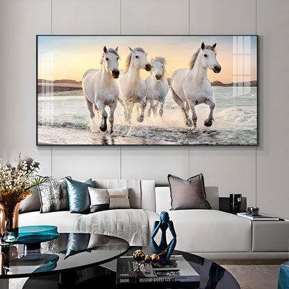 White Running Horses in The Sea Premium Acrylic Horizontal Wall Art