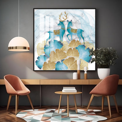 Blue Deer With Ginkgo Leaf Premium Acrylic Square Wall Art