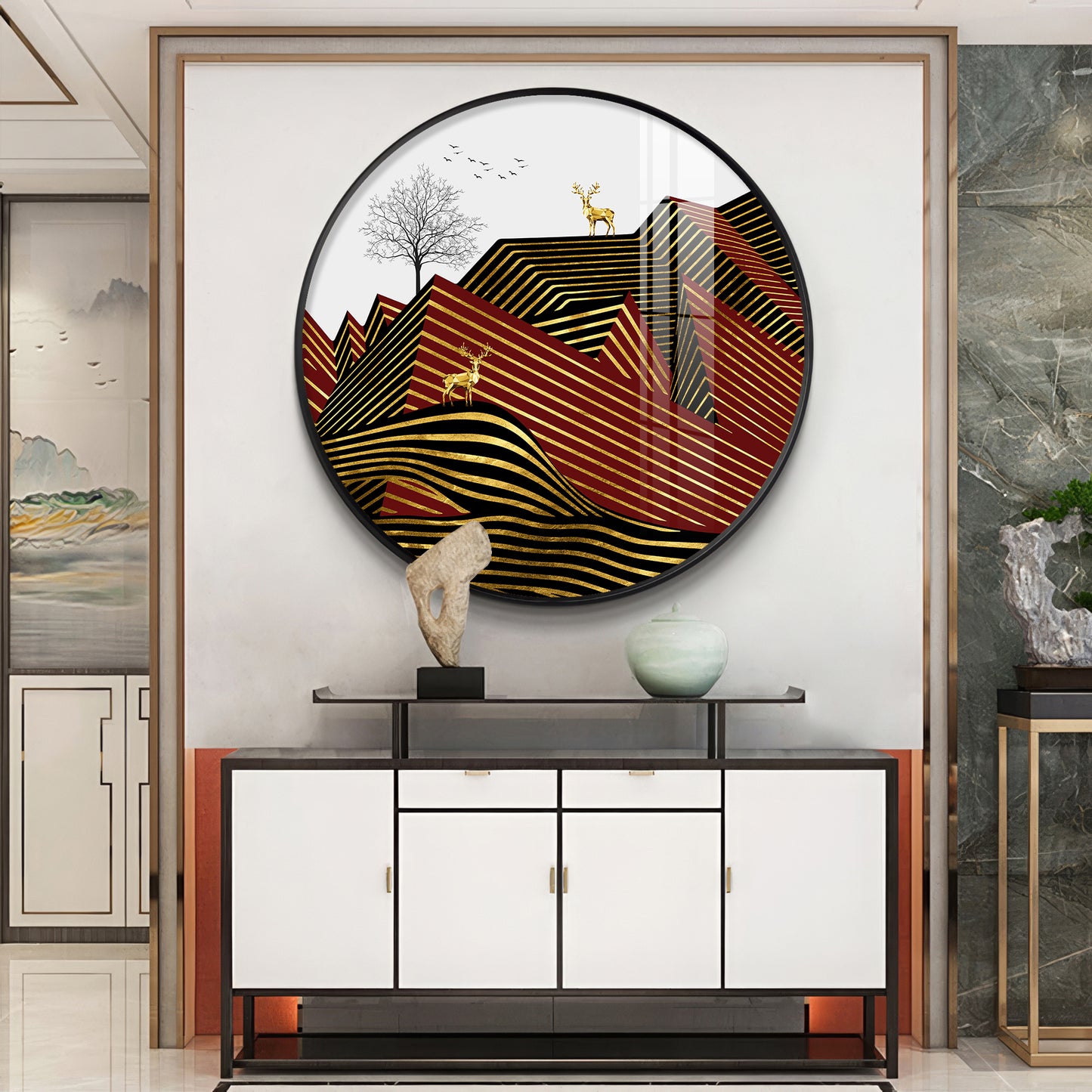 Deer and Mountain Premium Acrylic Round Wall Art