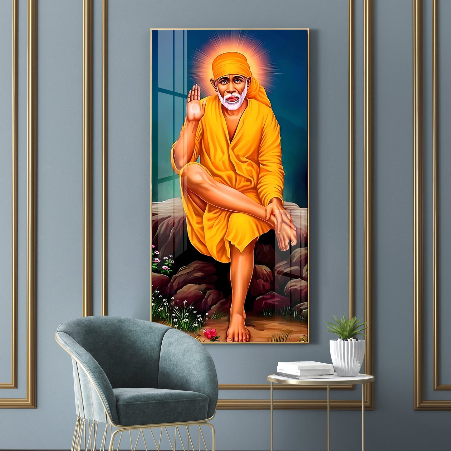 Shirdi Sai Baba Premium Acrylic Vertical Wall Art - 24X12 inches / Gold