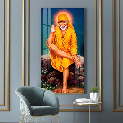 Shirdi Sai Baba Premium Acrylic Vertical Wall Art - 24X12 inches / Gold