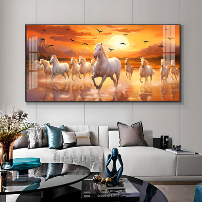 White Running Horses With Sunrise Premium Acrylic Horizontal Wall Art