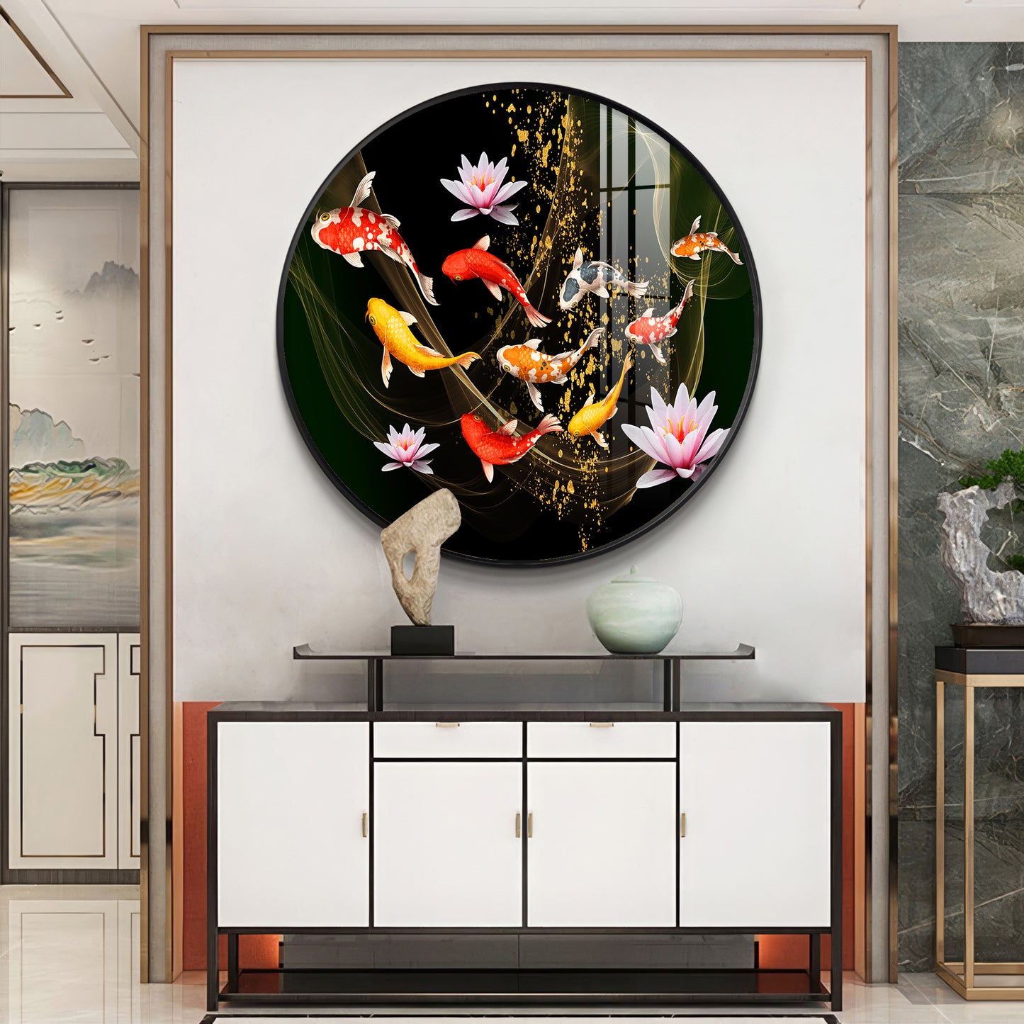 Colorful Koi In Motion Premium Acrylic Round Wall Art